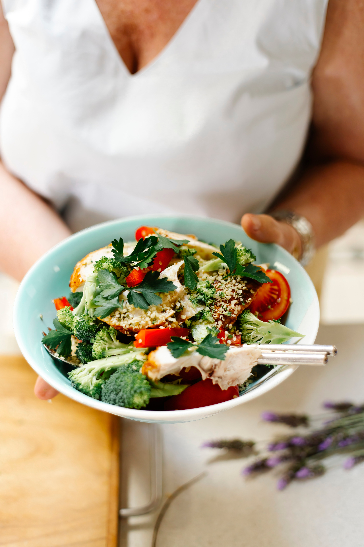 Close-up of a gut-friendly salad prepared by Sharon
